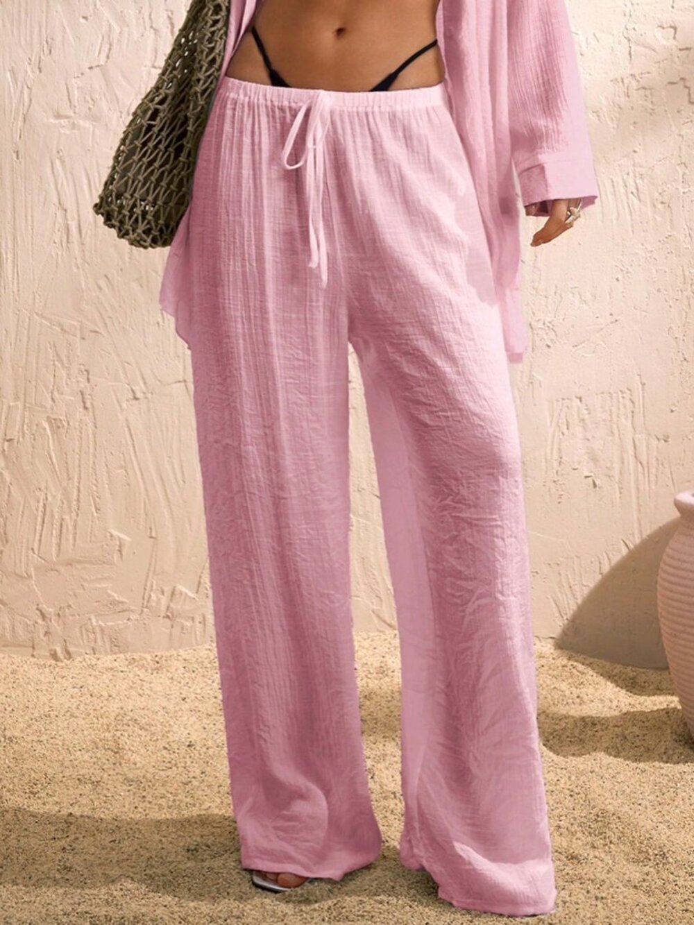 Baby Pink Women's Beach Drawstring Wide Leg Pants